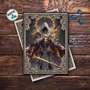 May include: An art print depicting a robed figure with a golden halo and armour, holding a golden sword. The artwork has a dark, gothic aesthetic with red and gold accents. The print is displayed on a wooden surface with blue dice.