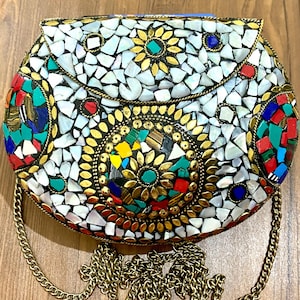 Handmade Mosaic Clutch Bag – Boho Statement Purse with Colorful Stone Inlay & Brass Chain | Ethnic Party Bag | Artisan Gift for Her