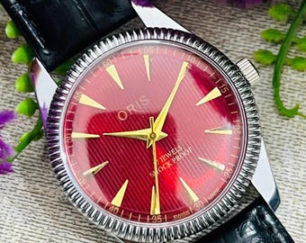 ORIS 手巻き 腕時計 アンティーク ヴィンテージ レッドベルト 希少なヴィンテージ ORIS ブラックダイヤル 手巻き腕時計 メンズ FHF