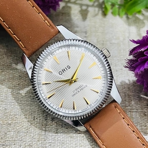 Vintage Modded Oris Watch | ST-96 Swiss Mechanical Movement | Manual Winding Watch| Classic Gold Markers & Brown Leather Strap| Swiss Made