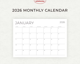 2026 Minimalist Calendar: Printable Monthly PDF Template (Digital Download) A3, A4, Letter Size