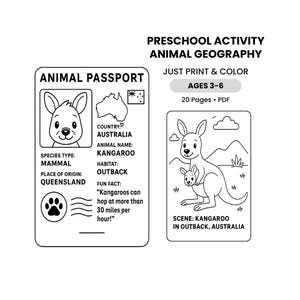 Preschool Animal Geography Printable | Animal Passport Coloring Pages | Ages 3-6 | Instant Download PDF