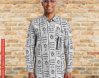 Camisa de hombre FOLAMI de algodón africano con estampado Ankara Wax, diseño de tela de barro, prenda tradicional.