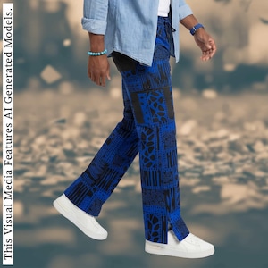May include: Full-length trousers featuring a vibrant blue and black geometric and animal-inspired print pattern. The pants have a straight-leg silhouette with a small vertical slit at the outer bottom hem and are paired with white sneakers.