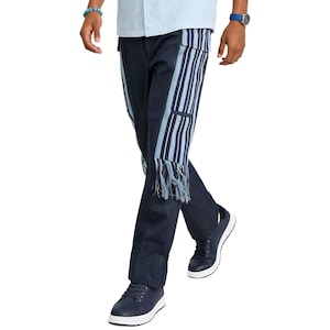 ARO African Denim Patchwork Trousers: African Tribal Print Pants