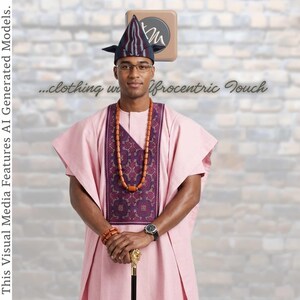 May include: A light pink tunic with a dark purple embroidered chest panel, worn with a matching striped pointed cap, a long orange beaded necklace, and a matching beaded bracelet. The ensemble includes a black cane with a gold-coloured lion head handle.