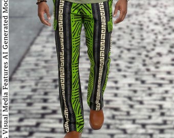 Puede incluir: Pantalones con un vibrante patrón geométrico verde y negro con rayas verticales. El diseño incluye un motivo de greca repetitivo en crema y negro, junto con líneas punteadas. Estos pantalones tienen un corte recto y bolsillos laterales.