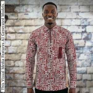 May include: A long-sleeved shirt featuring a deep red and white geometric pattern with a repeating motif of squares, circles, and lines. The shirt has a structured collar, a partial front button placket, and a single chest pocket on the left side.