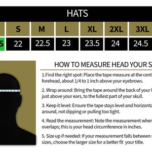 May include: Image showing hat sizes in inches, from 22 to 25 inches. It includes a guide on how to measure head size, with instructions on tape placement and reading the measurement. The guide also advises sizing up if needed.