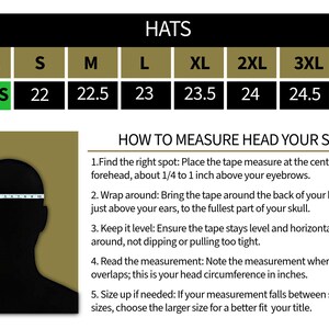 May include: Image with text about hat sizes, including measurements in inches from 22 to 25. Instructions on how to measure head size are also included, with a diagram of a head and a measuring tape.