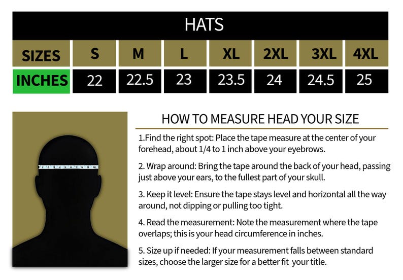 May include: Image with text about hat sizes, including measurements in inches from 22 to 25. Instructions on how to measure head size are also included, with a diagram of a head and a measuring tape.