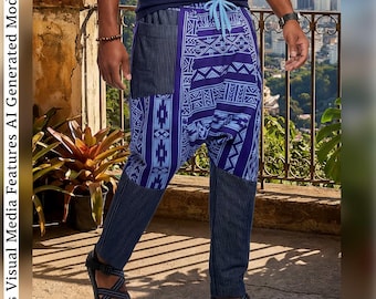 Puede incluir: Pantalones de tiro bajo que combinan tela azul oscuro a rayas finas con paneles de estampado geométrico en azul claro y oscuro. Los pantalones incluyen un cordón azul claro en la cintura y bolsillos laterales, con un diseño mixto.