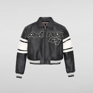 Avirex Women&#39;s Berry Cropped Bomber Jacket USA Flight Avaitor Real Cowhide Leather Jacket Avirex USA Black Leather Jacket Streetwear Gift
