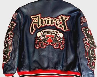 Vintage 1990s Avirex USA Japanese Dragons Graphic Leather Jacket