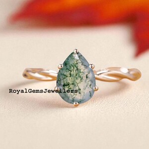 Pear Moss Agate Ring, 14K Rose Gold, Unique Wedding Ring