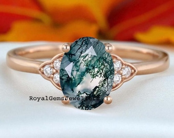 925 Sterling Silver Oval Moss Agate Ring, Natural Moss Agate Engagement Rings for Women, Unique Vintage Leaf Ring, Anniversary Gift for Her