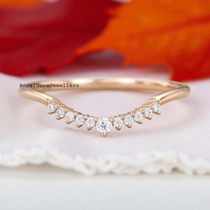 Moissanite Diamond Band, 14K Rose Gold Curved Wedding Ring