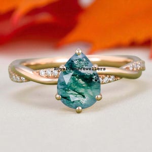 Moss Agate Ring Women&#39;s Wedding Ring 14K Rose Gold Ring Engagement Ring Pear Shape Bridal Ring Valentine Gift Proposal Ring Anniversary Gift
