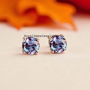 Alexandrite Earrings Round Cut Studs Earring June Birthstone Earrings 925 Sterling Silver Studs Earrings Colour Change Gemstone Earrings
