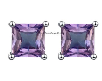 Alexandrite Stud Earrings, Princess Cut, Sterling Silver, June Birthstone