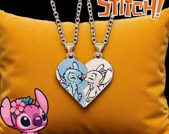 2 pares de collares de pareja Dlsney Stitch x Angel: adorable cadena de cuello con forma de corazón de dibujos animados para él y para ella: ¡regalos de joyería de amor perfectos!