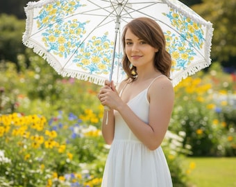 Sombrilla de jardín hecha a mano con estampado de bloques, sombrilla para patio exterior, sombrilla india, decoración bohemia, sombrilla para bodas.