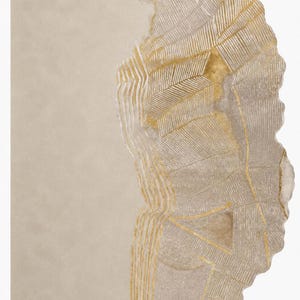 May include: A rectangular wall art piece featuring a smooth, solid beige section on the left and a textured, organic-shaped section on the right. The right side displays intricate, fine gold and grey linear patterns resembling topographical map lines.