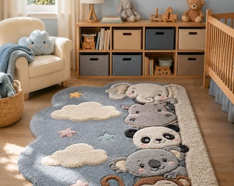 Dream Parade Kids Rug, Hand Tufted Wool & Art Silk Nursery Rug, Animal Safari Playroom Carpet, Baby Room Area Rug Decor