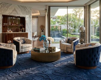 Navy Blue Floral Rug, Hand Tufted Wool Viscose Area Rug, Luxury Botanical Carpet, Custom Size Living Room Rug