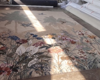 Tapijt van botanische wollen viscose, handgetuft hoog/laag tapijt, tapijt met dicht uitgesneden lus, neutraal luxe woonkamertapijt