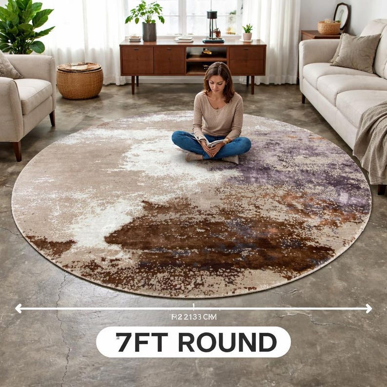 Round Hand Knotted Rug – 7 Ft Luxury Abstract Wool & Tencel Tibetan Knot Area Rug