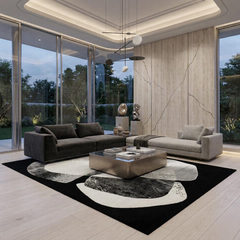 Hand Tufted Wool Abstract Rug, Black White Modern Designer Carpet (Custom Size)