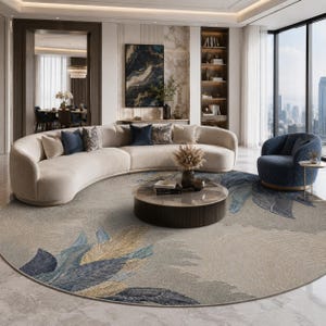 Op de afbeelding: Een moderne woonkamer met een grote, gebogen beige bank, een ronde salontafel en een blauwe fauteuil. Een groot, rond tapijt met een veermotief in blauw, goud en grijs domineert de ruimte. Door een groot raam is een stadsgezicht te zien.