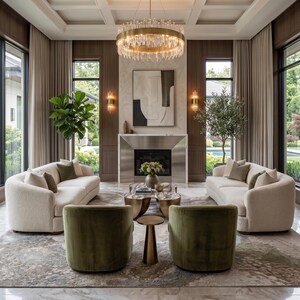 May include: A living room featuring two cream-colored curved sofas, two olive green velvet armchairs, a metallic fireplace, a round gold chandelier with crystal accents, a coffee table, a small side table, and abstract wall art.