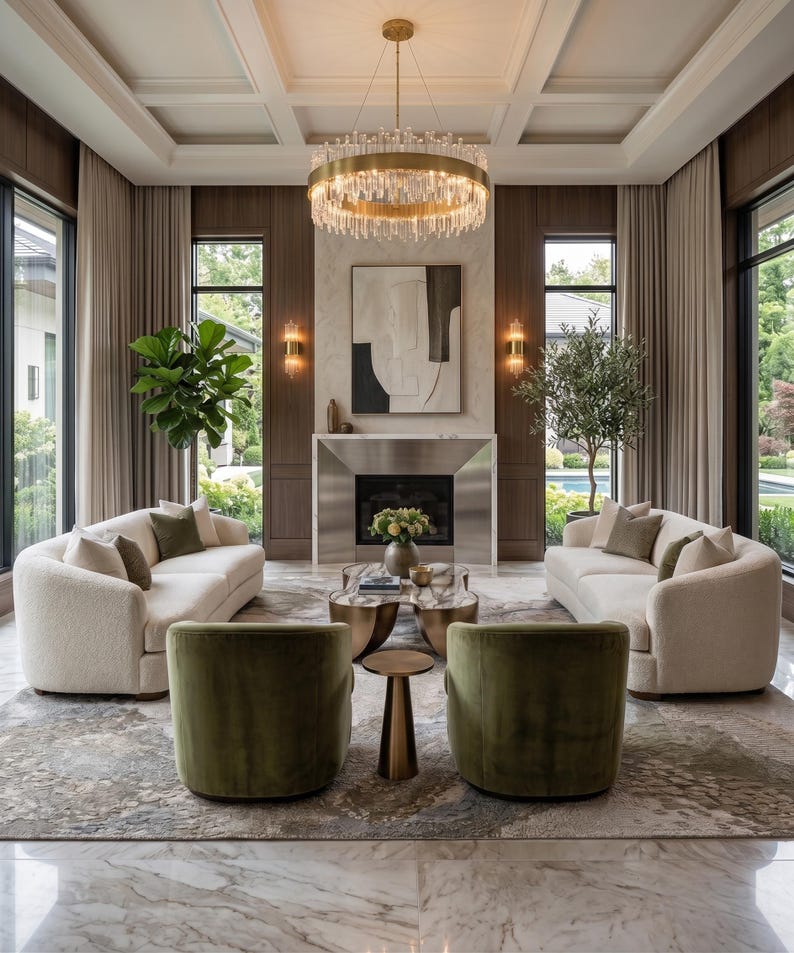 May include: A living room featuring two cream-colored curved sofas, two olive green velvet armchairs, a metallic fireplace, a round gold chandelier with crystal accents, a coffee table, a small side table, and abstract wall art.