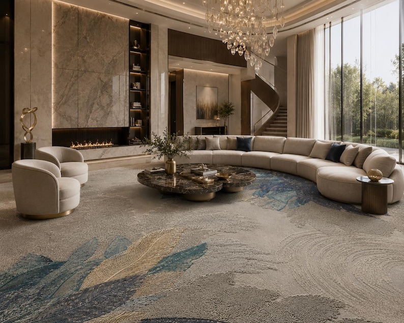 Op de afbeelding: Een luxe woonkamer met een grote, gebogen beige bank, een patroonkleed met blauwe en gouden accenten en een marmeren salontafel. De kamer heeft grote ramen, een open haard en een wenteltrap.