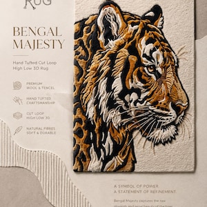 K&ouml;nnte beinhalten: Rechteckiger Teppich mit detailliertem Tigerkopf-Design in Braun, Schwarz und Wei&szlig;. Der Teppich tr&auml;gt die Bezeichnung "Bengal Majesty" und wird mit handgetufteter Cut-Loop-Konstruktion, Premium-Wolle und Naturfasern hergestellt.