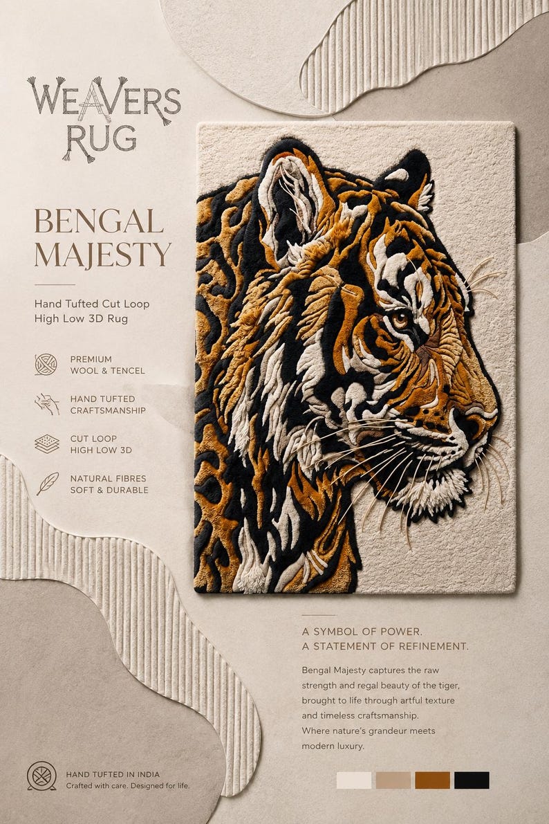 K&ouml;nnte beinhalten: Rechteckiger Teppich mit detailliertem Tigerkopf-Design in Braun, Schwarz und Wei&szlig;. Der Teppich tr&auml;gt die Bezeichnung "Bengal Majesty" und wird mit handgetufteter Cut-Loop-Konstruktion, Premium-Wolle und Naturfasern hergestellt.