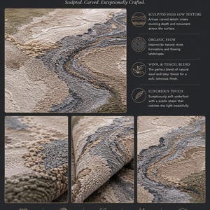 May include: A Tectonic hand-tufted wool and Tencel rug featuring a sculpted high-low texture with organic flowing patterns in shades of beige, gray, and charcoal. The rug displays intricate hand-carved details, a soft luminous finish, and a dense pile.