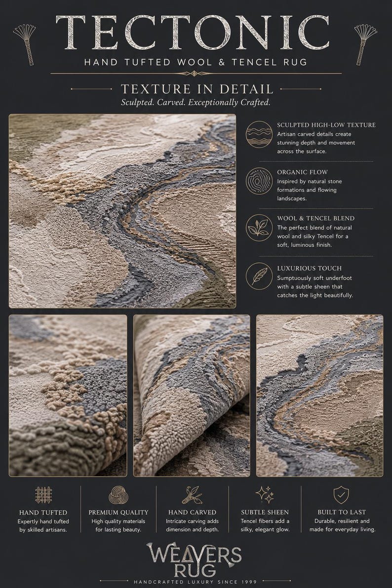 May include: A Tectonic hand-tufted wool and Tencel rug featuring a sculpted high-low texture with organic flowing patterns in shades of beige, gray, and charcoal. The rug displays intricate hand-carved details, a soft luminous finish, and a dense pile.