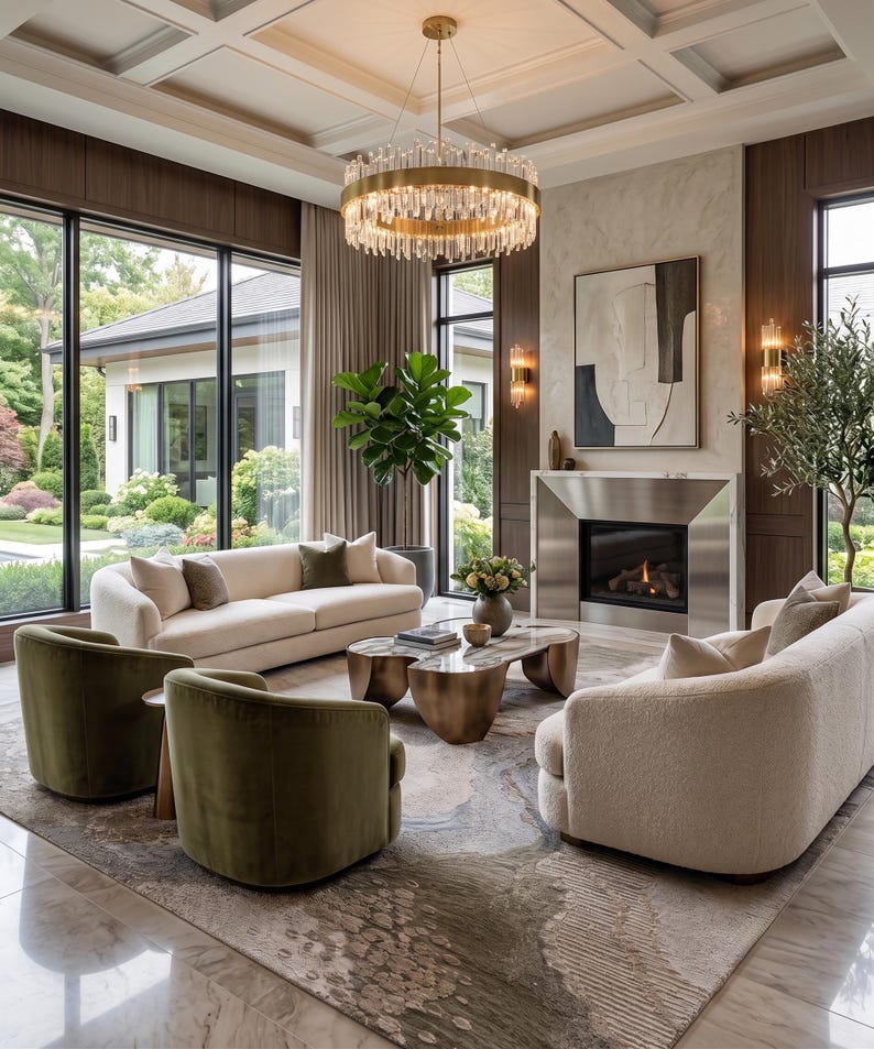 May include: A living room featuring two cream-colored sofas, two olive green armchairs, and a metallic coffee table. A large circular crystal chandelier hangs from the ceiling above a fireplace with a metal surround and abstract wall art.