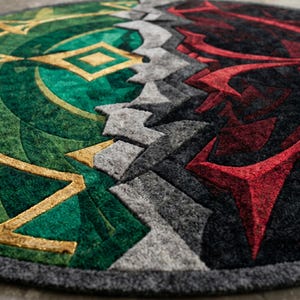 Close-up of hand tufted wool and Tencel rug showing thick pile texture and edge detail in green and red abstract split design