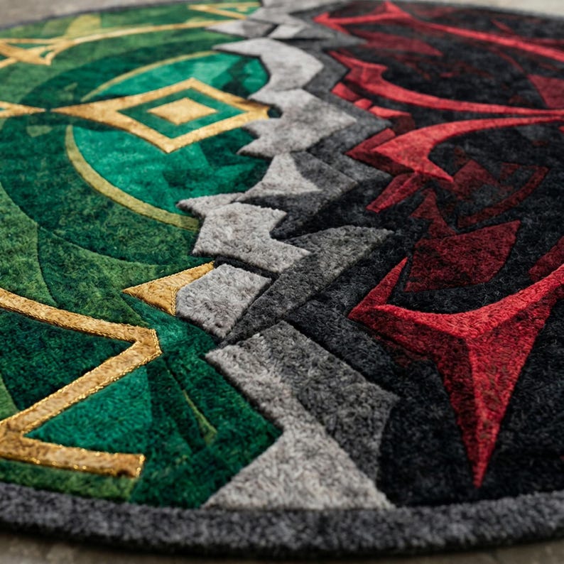 Close-up of hand tufted wool and Tencel rug showing thick pile texture and edge detail in green and red abstract split design
