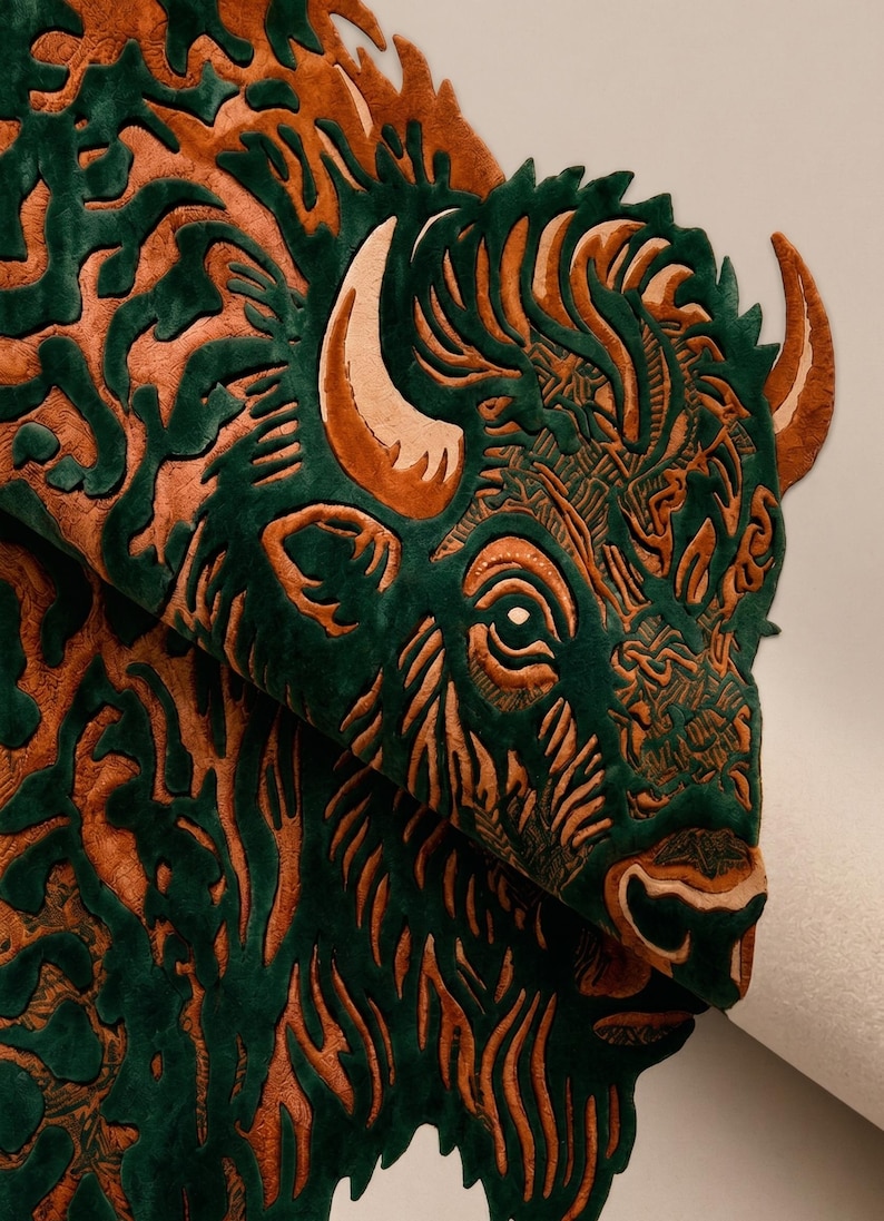 Peut inclure: Un tapis de bison vert et orange d&eacute;taill&eacute;. Le tapis pr&eacute;sente un motif de t&ecirc;te de bison stylis&eacute; avec des motifs et des textures complexes. Les cornes et les d&eacute;tails du visage du bison sont mis en &eacute;vidence en orange sur un fond vert.