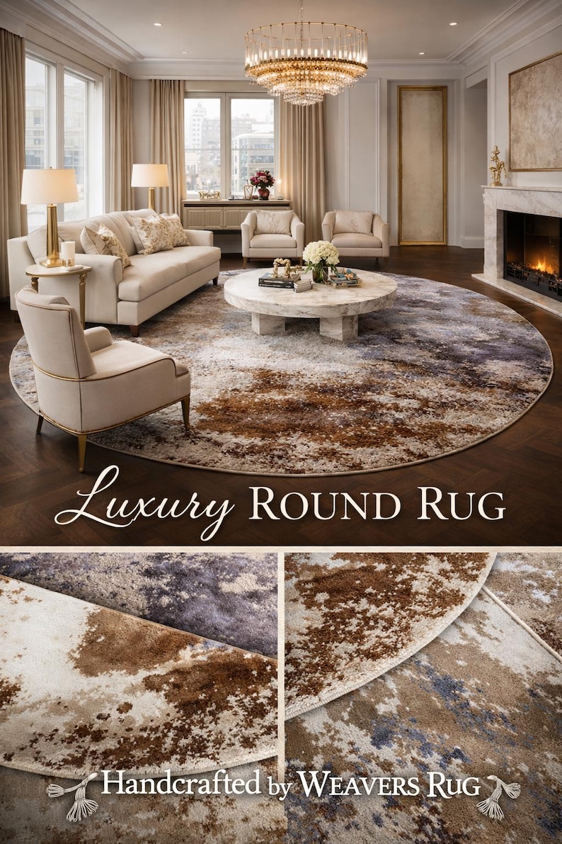 Round Hand Knotted Rug – 7 Ft Luxury Abstract Wool & Tencel Tibetan Knot Area Rug
