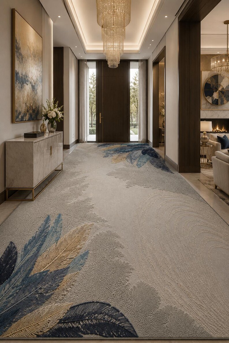 Op de afbeelding: Een lange, neutrale gangtapijt met een veermotief in blauw- en goudtinten. Het patroon van het tapijt cre&euml;ert een gevoel van beweging en past bij het elegante decor van de kamer. Het tapijt is een decoratief element.