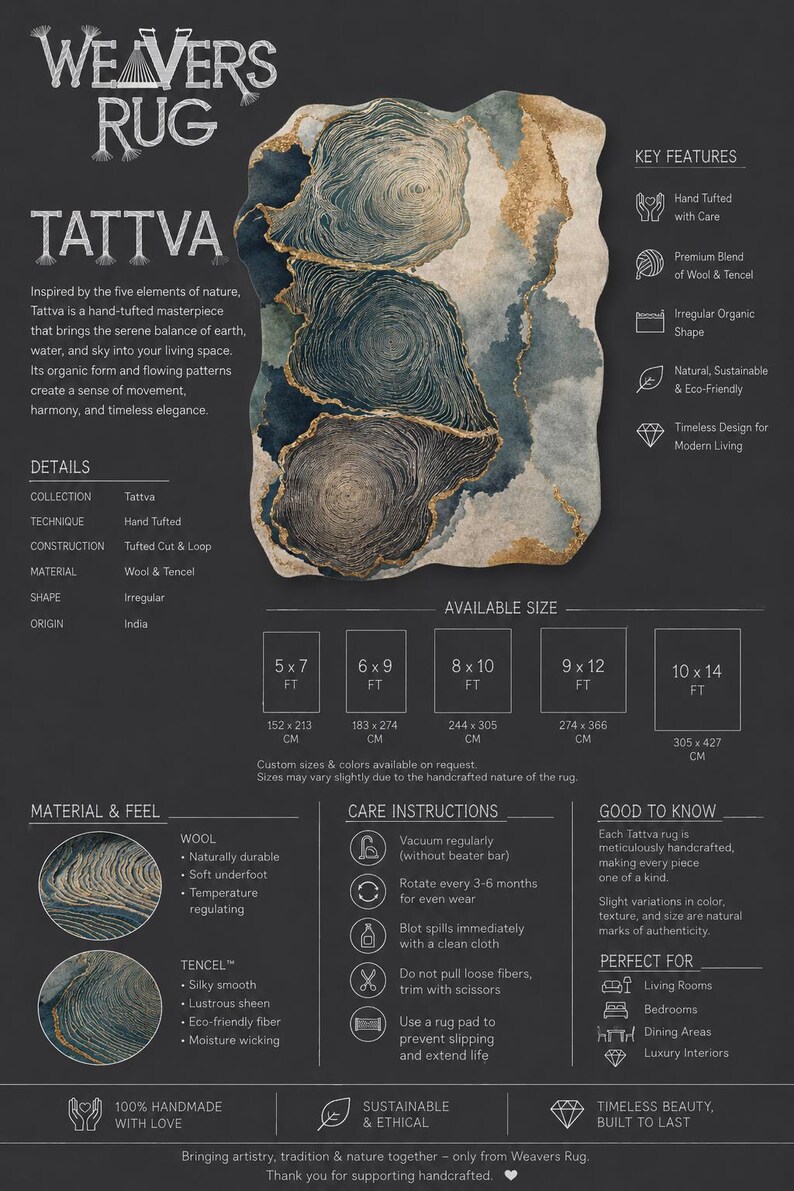 May include: An irregular shaped area rug titled Weavers Rug Tattva featuring a swirling abstract pattern in shades of deep blue, teal, and gold. The rug is presented on a dark gray informational display listing hand-tufted construction, wool and Tencel materials, and available sizes ranging from 5x7 feet to 10x14 feet.