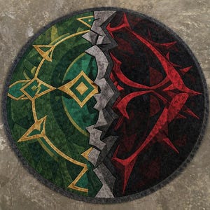 Round hand tufted wool and Tencel rug with green and red abstract split design, top view on neutral background