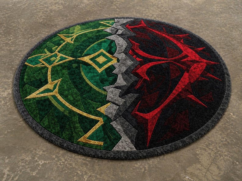 Round hand tufted wool and Tencel rug with green and red abstract split design, angled view on textured neutral floor