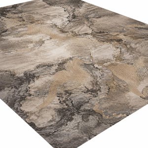 May include: A rectangular area rug featuring an abstract pattern in shades of charcoal gray, taupe, and beige. The design incorporates smooth, marbled-like sections contrasted with areas of fine, raised linear textures in a light tan color.